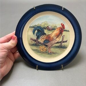 Hand-Painted Rooster and Chicks Dinner Plate in Navy and Cream